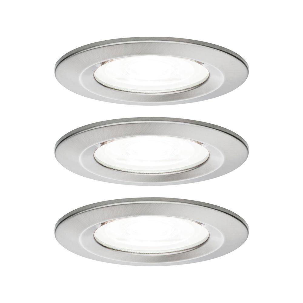 Einbauleuchte Nova Starr 3er Set dimmbar, Aluminium-Zink, Bürsteneisen-Finish, energieeffizient und modernes Design.