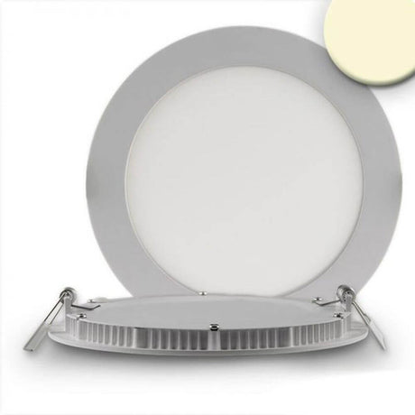 LED Indbygget panel Ø 17,5cm fladt rundt sølv dæmpbart 12W varm hvid forfra med hvidt lys.
