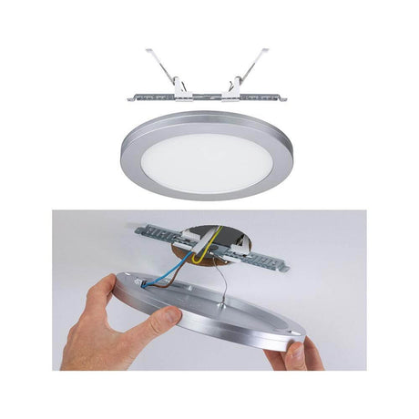 LED Einbaupanel 2 in 1 Cover-it Rund Chrom-Matt mit Montageanleitung und Aufbaurahmen.