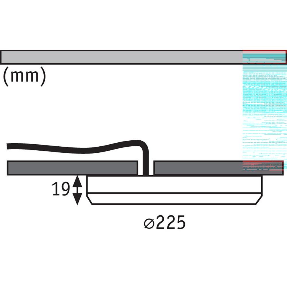 Technische Zeichnung des LED Einbaupanels 225mm Durchmesser mit Installationsdetails und Abmessungen.