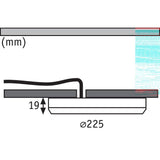 Technische Zeichnung des LED Einbaupanels 225mm Durchmesser mit Installationsdetails und Abmessungen.