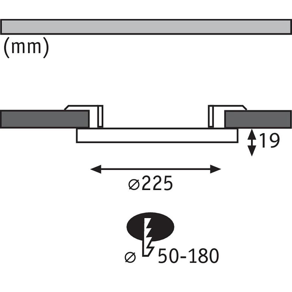 Technische Zeichnung des LED Einbaupanels 2 in 1 Cover-it mit Durchmesser 225mm und Bohrlochgröße 50-180mm.