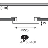 Technische Zeichnung des LED Einbaupanels 2 in 1 Cover-it mit Durchmesser 225mm und Bohrlochgröße 50-180mm.