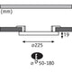 Maßzeichnung für LED Einbaupanel 2 in 1 Cover-it Rund Weiß-Matt mit Ø 225mm und Bohrlochgröße 50-180.
