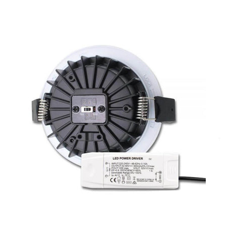 LED Einbaustrahler Sys-90 Basis Dali DT8tc 3000-4000K Dimmbar mit LED Power Driver und Rückseite.