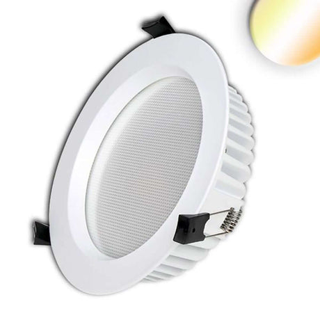 LED-recessed spotlight Ugr<19 25W dimmable 3000K-4000K CRI90 in white finish for ceiling installation.