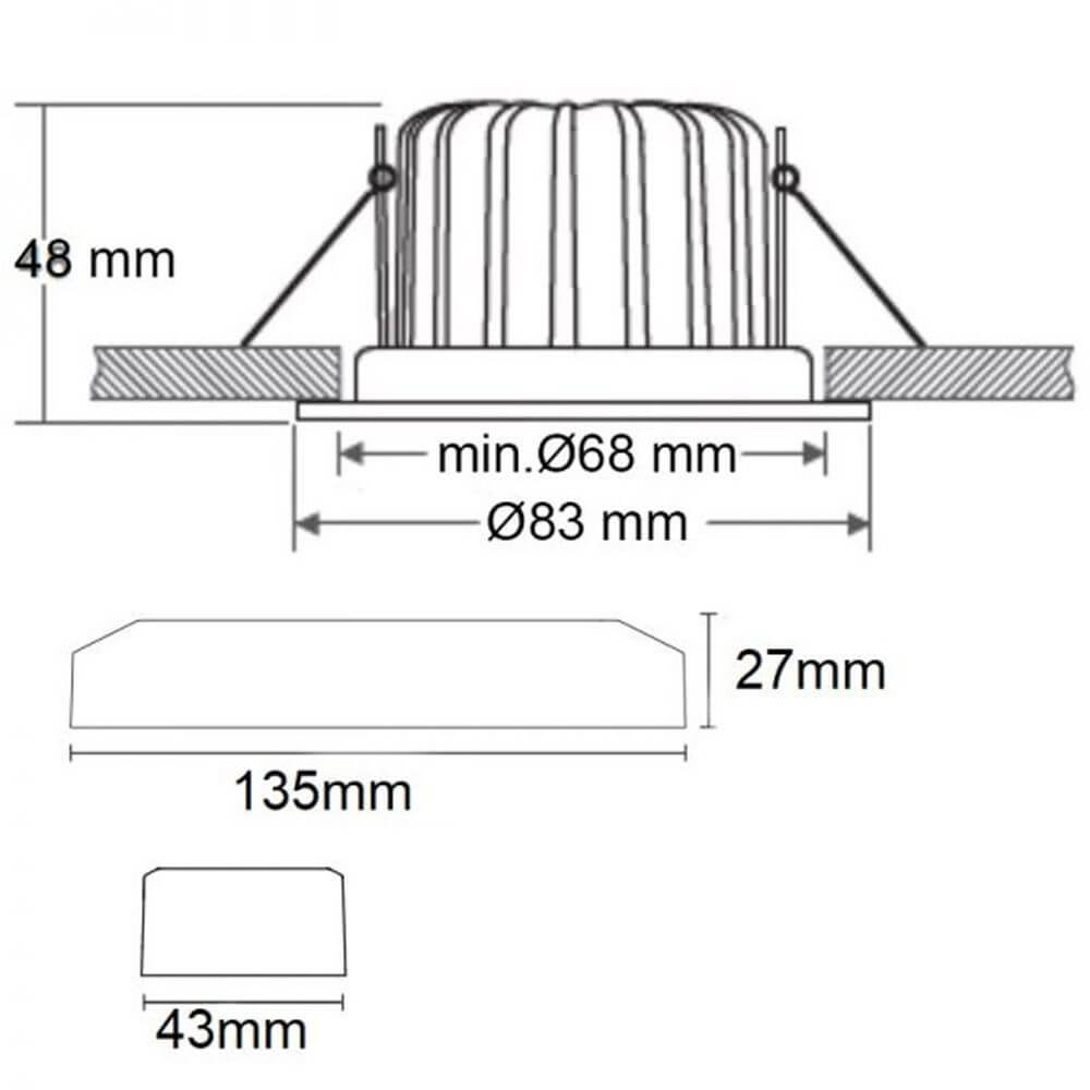 Maßzeichnung des LED-Einbaustrahlers Sys-68 10W Dali-Dimmbar 4000K IP65, Abmessungen und Montagehinweise.