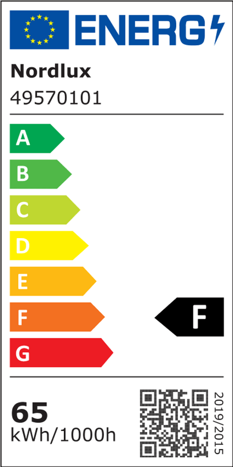 Energy label for Nordlux, efficiency class F, 65 kWh/1000h, shows consumption and classification.