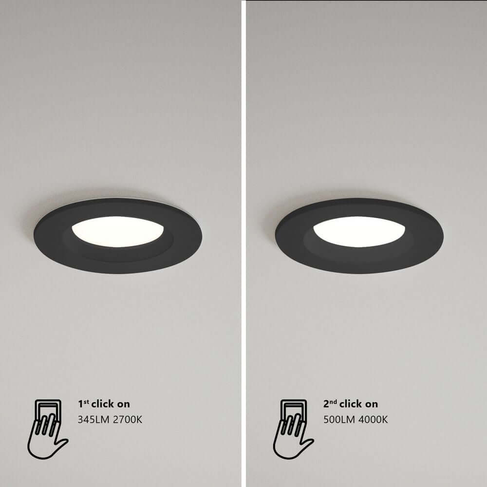 LED Einbaustrahler Tiaki IP65 mit zwei Lichtstufen: 345 Lumen bei 2700K und 500 Lumen bei 4000K.