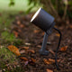 LED-Erdspieß Explorer schwenkbar auf einem Gartenboden zwischen Blättern.