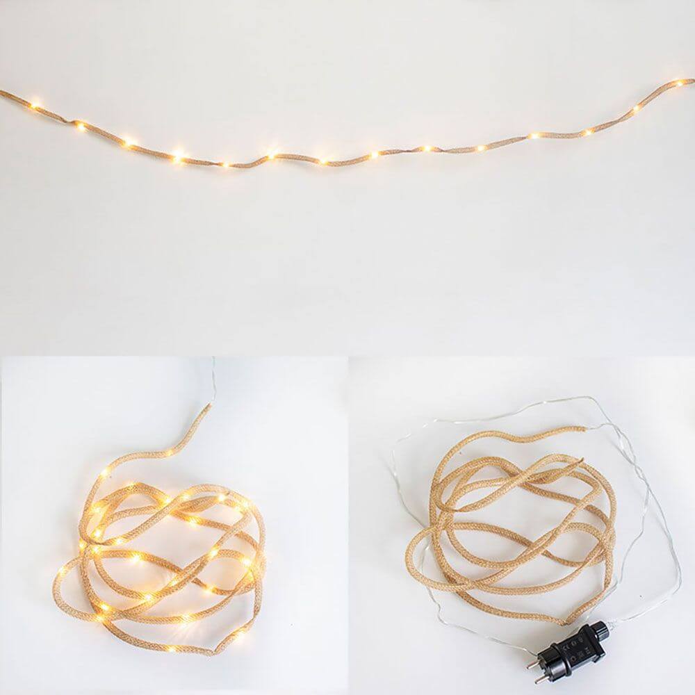 LED Jute-Lichterkette Lia IP44 mit warmen Licht, in drei Ansichten: aufgewickelt, abgerollt und Steckdose.