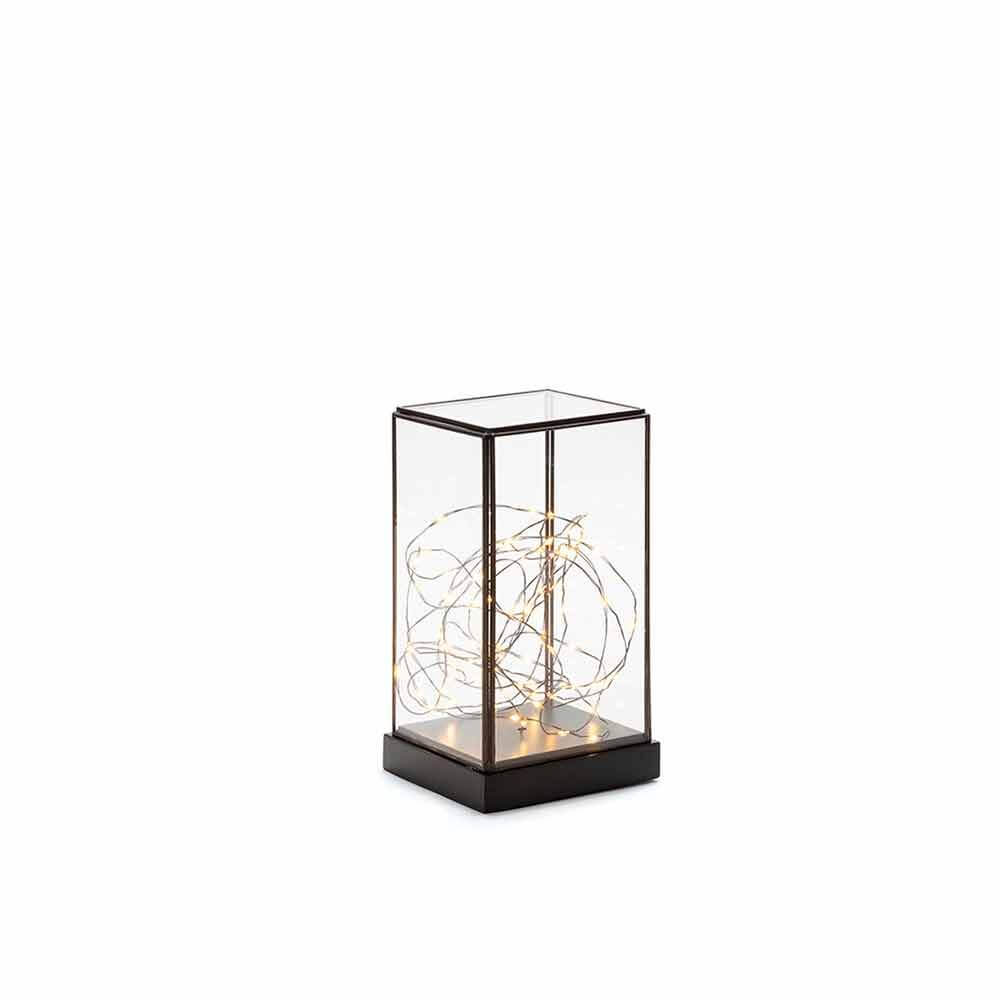 LED Glaslaterne mit schwarzem Holzfundament und 6h Timer Schwarz