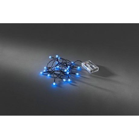 LED Globe string lights with round diodes, timer, 20 blue diodes, battery-operated on a black background.
