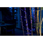 LED globelysslynge med runde dioder 80 purpurfargede dioder IP44 i skumringen på bambusstammer.