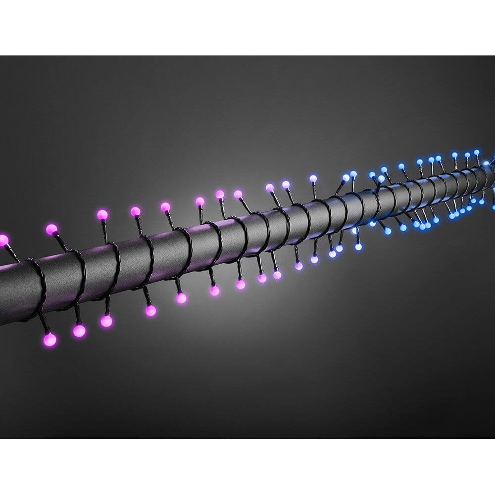 LED Globelichterkette runde Dioden mit rot/blau Farbwechsel 40 farbwechselnde Dioden IP44 auf schwarzem Hintergrund.