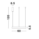Maßzeichnung der LED Hängeleuchte Motif Ø 60cm mit 120cm Höhe und 60cm Breite.