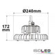 Technische Zeichnung des LED Hallenstrahlers mit Ø240mm und Höhe 172mm, geeignet für Lager- und Fertigungshallen.