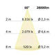 Diagramm der Lichtverteilung des 200W LED Hallenstrahlers bei 60°, 28000lm, mit Lux-Werten und Durchmessern.