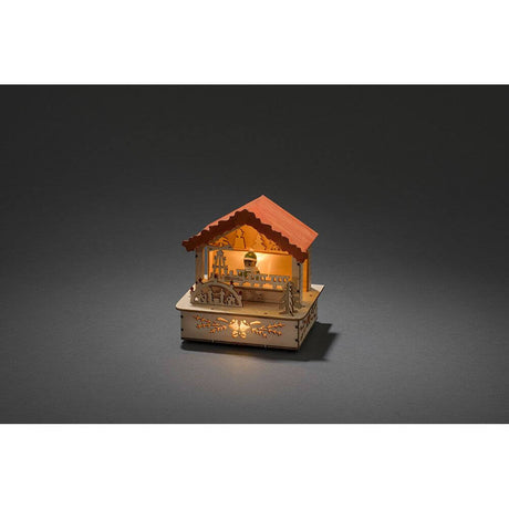LED Holzsilhouette naturfarben Marktstand mit orangem Dach 3 Warmweiße Dioden batteriebetrieben