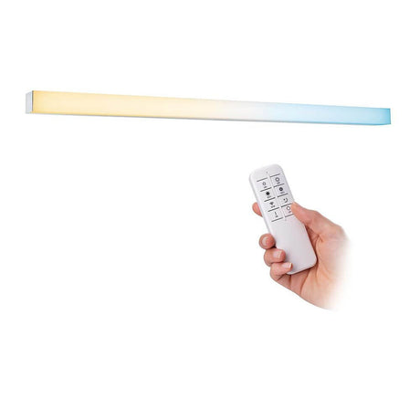 LED HomeSpa mirror light Tova Dim-to-Warm Chrome, White with remote control for adjusting the light color.