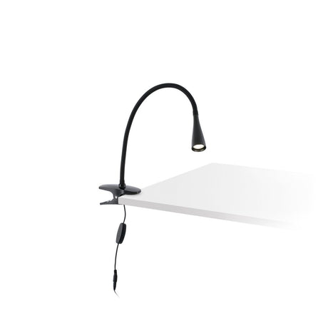 LED Klemmleuchte LENA 5W 4000K Schwarz mit flexiblem Schwanenhals und Klemme auf einem Tisch.