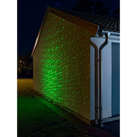 LED-laser med bevegelige og glitrende punkter, fjernkontroll, bevegelsessensor, timer, IP44 på en husvegg