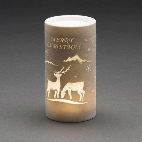 LED Lanterne renne, Père Noël et traîneau, forme cylindrique, minuterie, blanc chaud, fonctionne à piles - lanterne décorative festive
