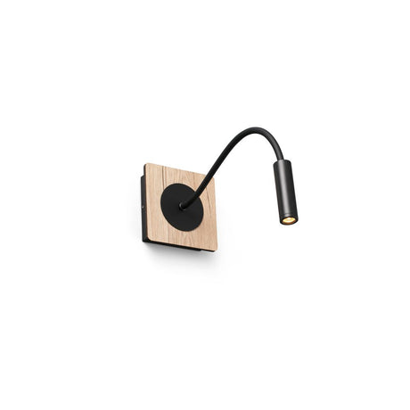 LED Leselampe MOOD 2W 3000K Braun, Schwarz an der Wand montiert, modernes Design mit Holz- und Metallakzenten.