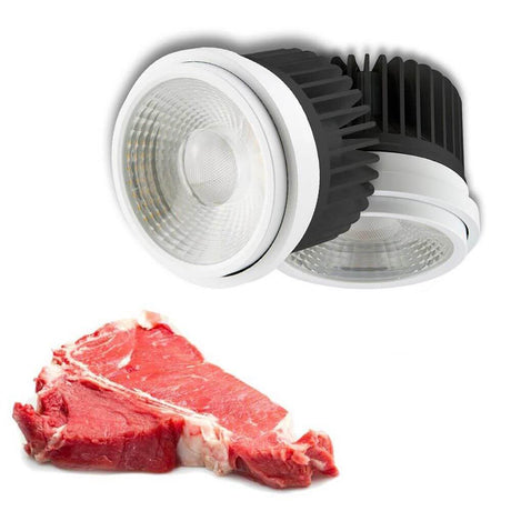 LED für Fleischwaren fokussierbar 35°-50° 1900K 948lm 30W Strahler neben frischem Steak