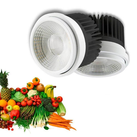 LED für Obst & Gemüse fokussierbar 35°-50° 3100K 2847lm 30W mit frischen Lebensmitteln im Hintergrund