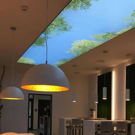 LED-Lichtdecke Spannfolie 10 - 15 m² in modernem Wohnraum mit einzigartigem Baumdesign.