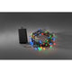 LED Lichterkette Timer 8 Funktionen und Memoryfunktion 128 bunte Dioden batteriebetrieb IP44 auf einem grauen Hintergrund.