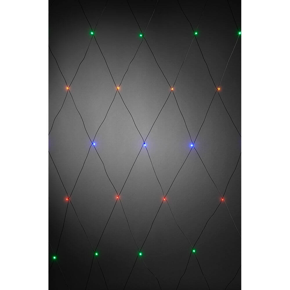LED Lichternetz 32 bunte Dioden IP44 mit bunten Lichtern auf schwarzem Hintergrund.
