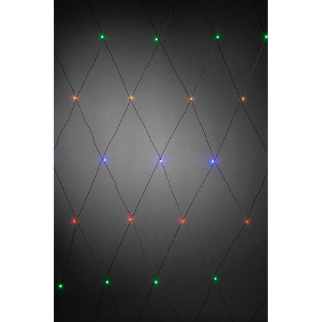 LED Lichternetz 32 bunte Dioden IP44 mit bunten Lichtern auf schwarzem Hintergrund.