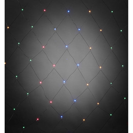 LED Lichternetz mit bunten Globes 80 bunte Dioden IP44 auf schwarzem Hintergrund.