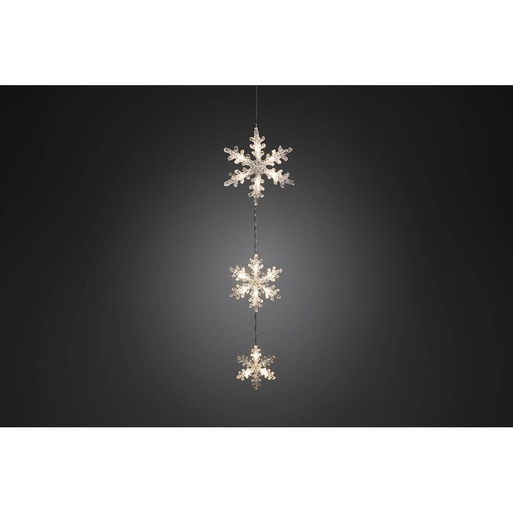 LED Lichtervorhang 3 Schneeflocken Warmweiß batteriebetrieben IP44 für stimmungsvolle Weihnachtsdekoration.