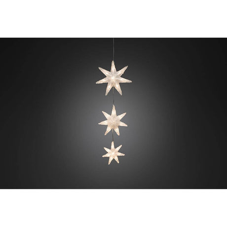 LED Lichtervorhang 3 Sterne Timer 24 Warmweiße Dioden IP44 - stimmungsvolle Weihnachtsdekoration mit warmen Lichtakzenten.