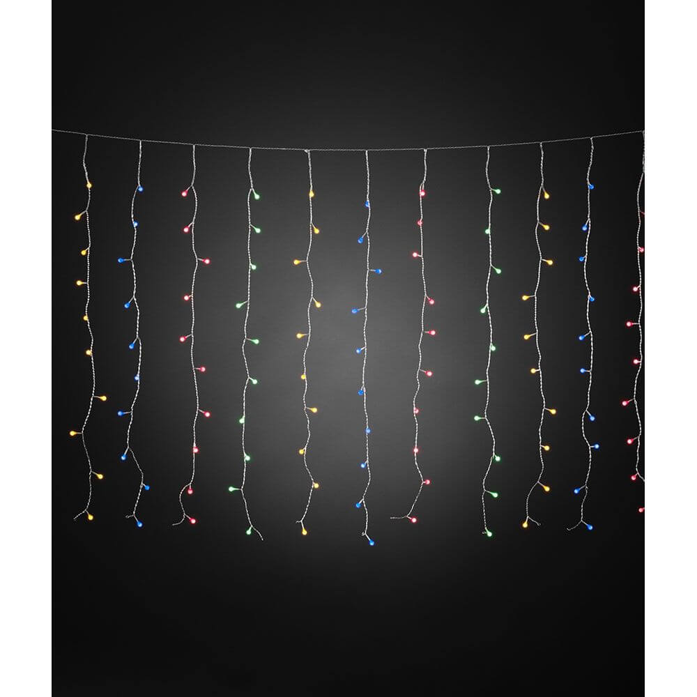 LED Lichtervorhang mit bunten Globes 200 bunte Dioden IP44, farbenfrohe Lichterkette für festliche Dekoration.