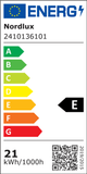 Energieeffizienzlabel von Nordlux mit E-Kategorie, Verbrauch: 21 kWh/1000h, Modellnummer 241010136101.