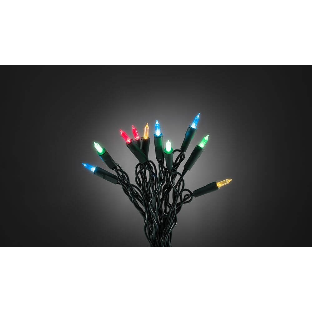 LED Minilichterkette One String 50 bunte Dioden mit bunten Lichtern auf schwarzem Hintergrund.