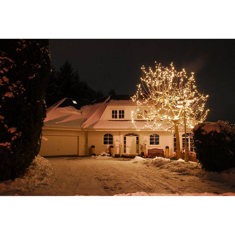 LED Mini string lights with 20 warm white diodes IP44 illuminate the house and garden in winter.