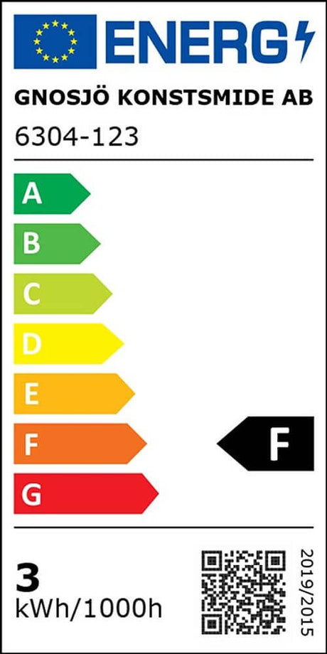 Energieeffizienzlabel GNOSJÖ KONSTSMIDE AB, zeigt F-Kategorie mit Verbrauch von 3 kWh pro 1000h.