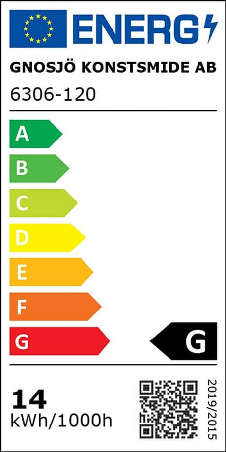 Energy efficiency label from Gnosjö Konstsmide AB for the product 6306-120 with a rating of G and consumption of 14 kWh/1000h.