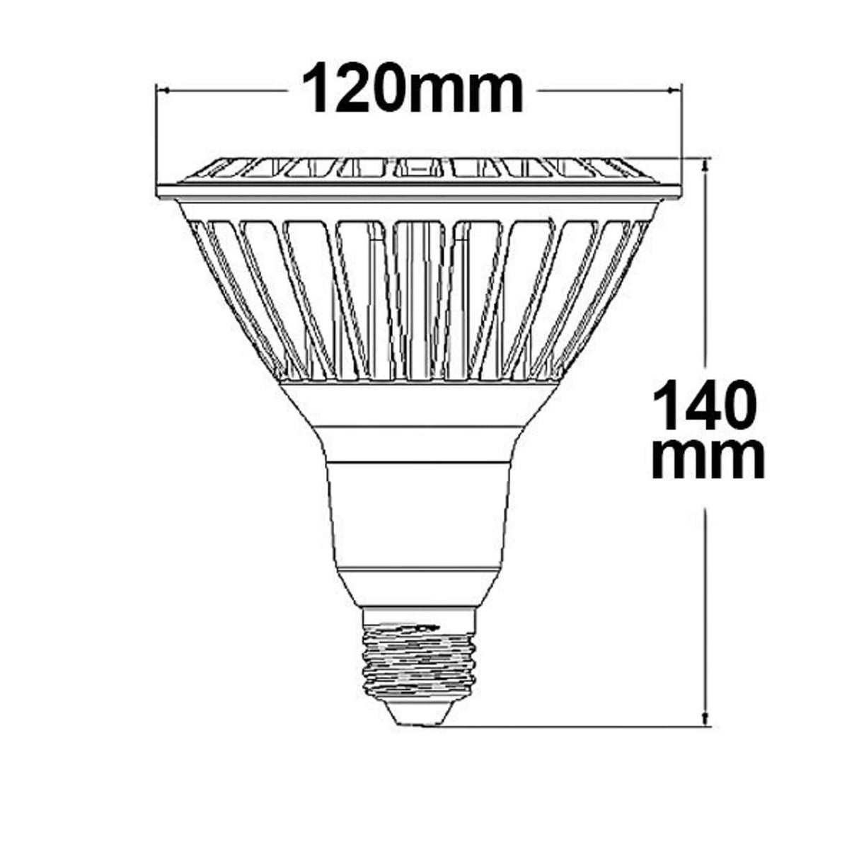LED PAR38 E27 230V 16W 30° warmweiß dimmbar mit Maßangaben von 120mm und 140mm