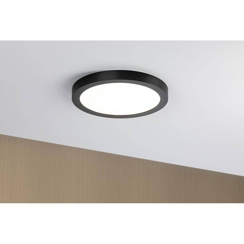 LED Panel Abia Rund Schwarz-Matt an Decke montiert, modernes und flaches Design mit gleichmäßiger Lichtverteilung.