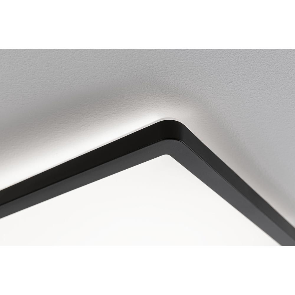 LED Decken Panel Atria Shine Schwarz, eckige Form mit warmweißer Beleuchtung, ideal für Wohnräume.
