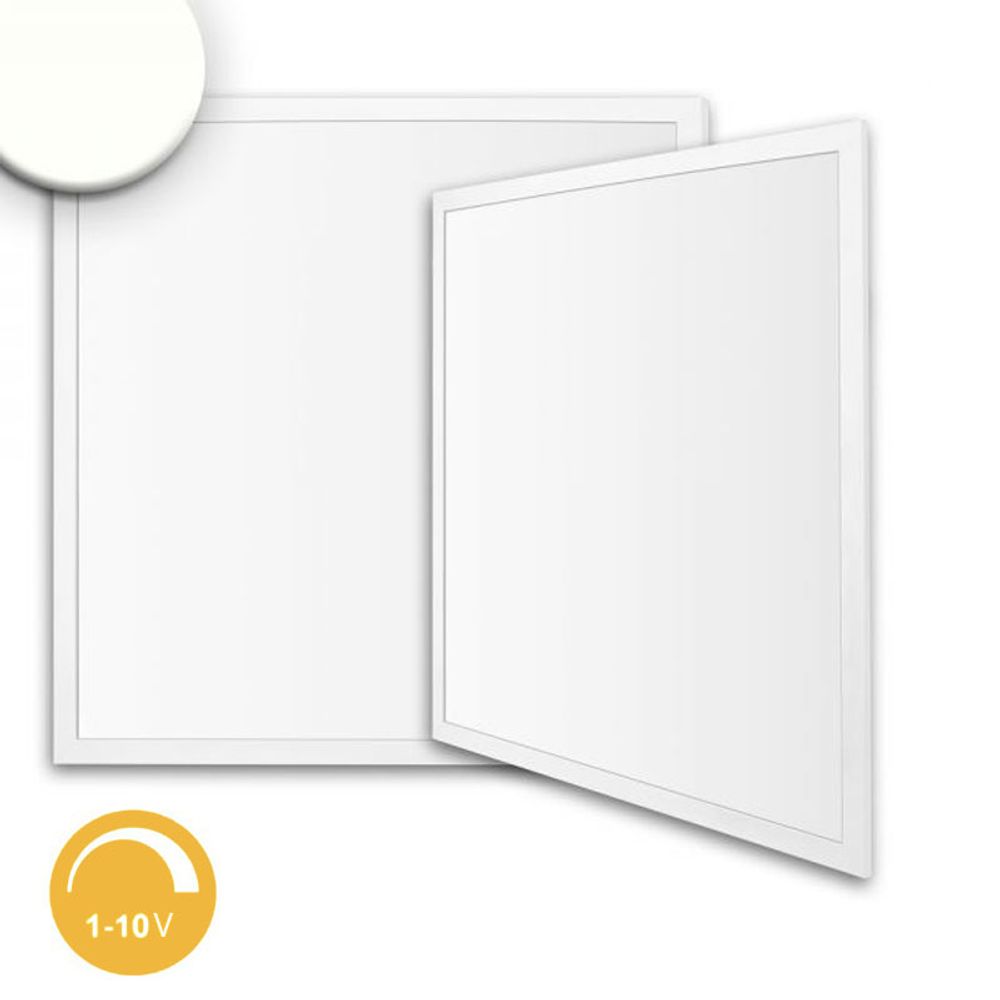 LED Panel in Weiß, dimmbar 1-10 V, ideal für Büros und Verkaufsflächen. Flach und effizient mit modernem Design.