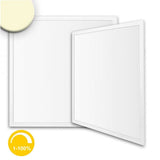 Zwei flache, dimmbare LED-Paneele in Weiß, ideal für Deckenbeleuchtung, mit Anzeigekreis für Dimmfunktion.