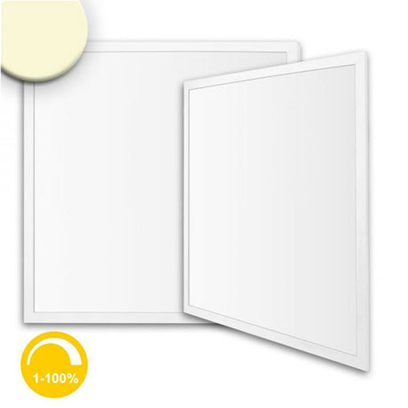 Zwei flache, dimmbare LED-Paneele in Weiß, ideal für Deckenbeleuchtung, mit Anzeigekreis für Dimmfunktion.