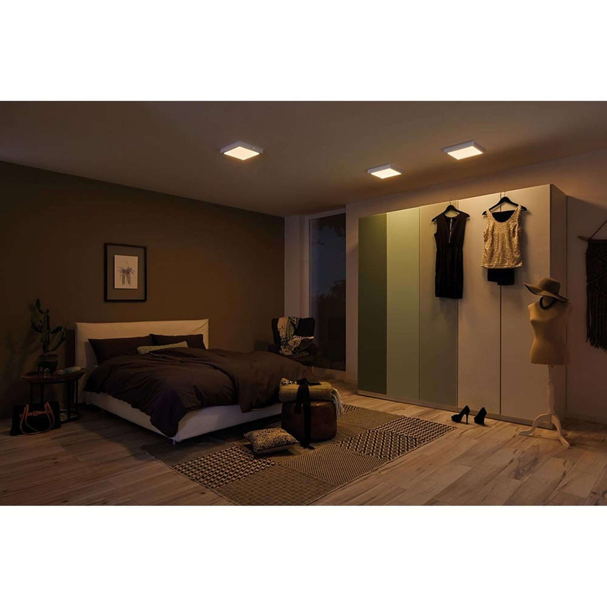 LED Panel Deckenleuchte Carpo Dim-to-Warm Ø 17cm Weiß im modernen Schlafzimmer mit dunklen Farben.